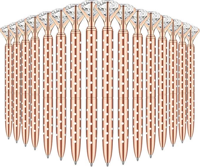 PASISIBICK 16 Pcs Rose gold Diamond Pens with Polka Dots - Bling Wedding Gifts for Women Bridesmaid Coworkers Metal Ballpoint Pens with Black Ink (Rose Gold with White Polka Dots)