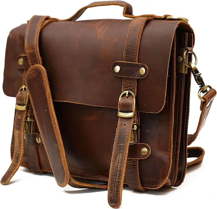 Rustic Vintage Buffalo Leather Laptop Messenger Briefcase Satchel Bag for Men 11 Inch, Brown