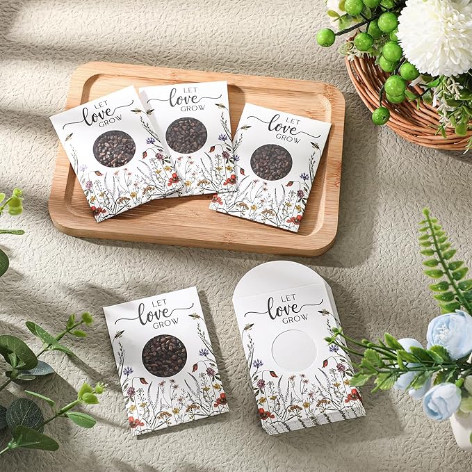 Fumete 50 Pcs Let Love Grow Seed Packets Wedding Favor for Guests Bulk Seed Envelope Kraft Bag with Window Flower Resealable Seed Storage Packets for Wedding Party Favors Bridal Shower No Seed