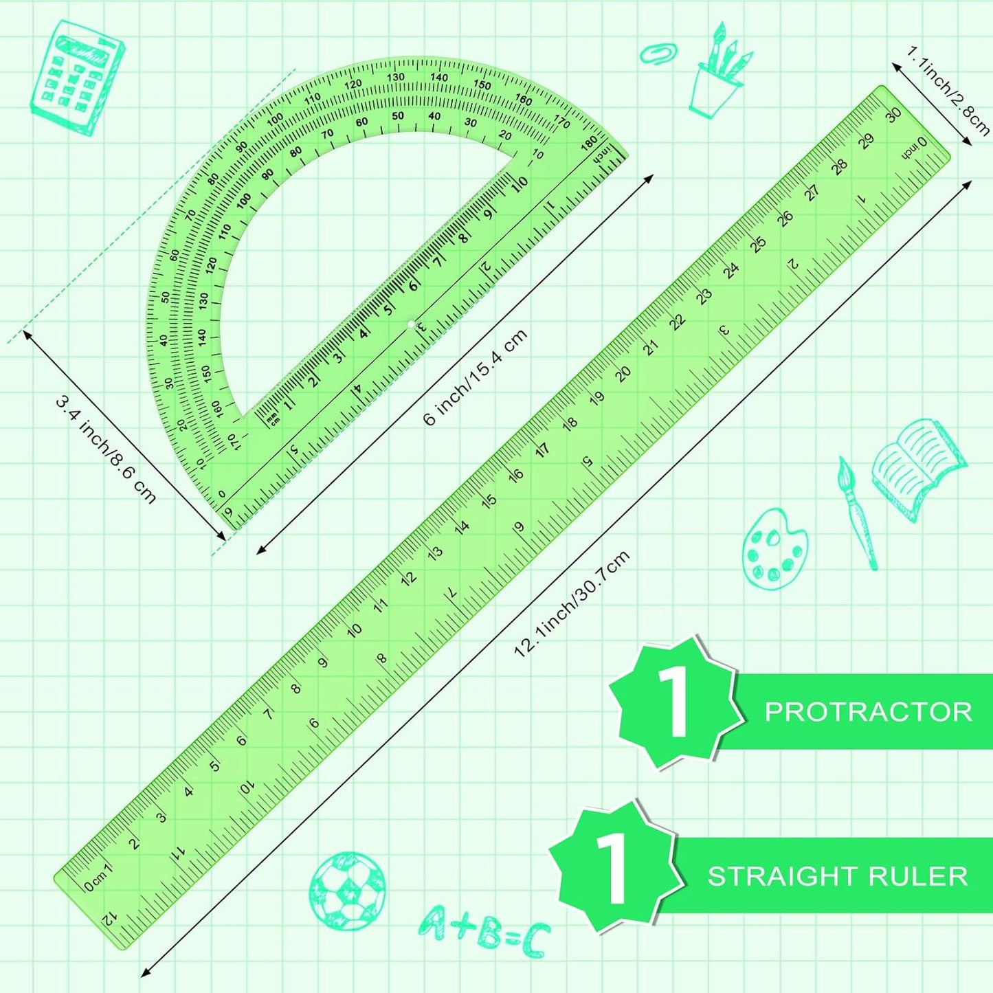 Zonon 2 Pack 12'' Plastic Ruler and 6'' Plastic Protractor Set Clear Ruler Protractor Set Math Geometry Supplies for School Classroom Home Office Drawing(Green)
