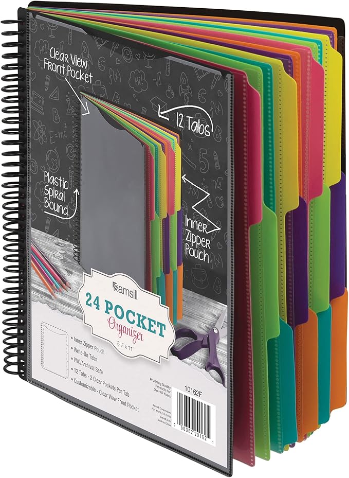 Samsill Deluxe 24 Pocket Spiral Project Organizer with Inner Zipper Pouch, Customizable Front Cover, 12 Dividers with Erasable Write-On Tabs in Fashion Colors, Plastic Folders with Pockets