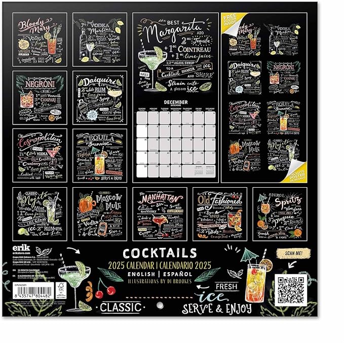 Cocktails Wall Calendar 2025 12" x 12" FSC® Plastic Free - Starts Week On Sunday | Square Wall Calendar | Family Planner Calendar 2025 | Drinks Calendar 2025