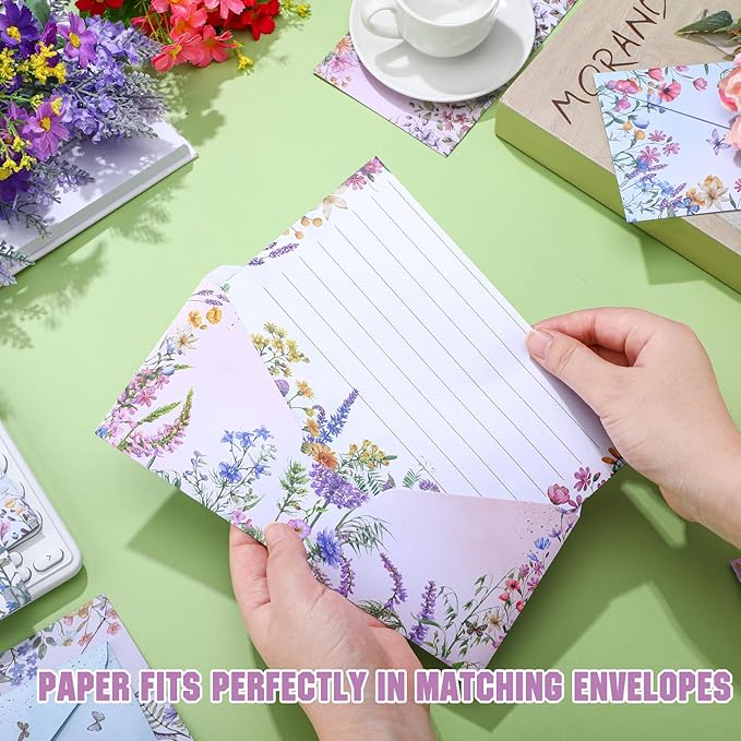 TaoBary 160 Packs Stationery Paper Set (50 Double Sided Stationery Writing Papers 50 Matching Envelopes) 60 Round Dot Sticker, 10 Design(Wildflower,8.5 x 11 Inch)