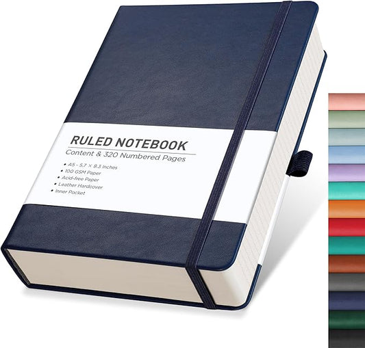 RETTACY Journaling Notebooks, A5 Lined Notebook Journal with 320 Numbered Pages, 5.7'' × 8.3'', Medium Size, Journal Notebook for Writing, Work, Leather Hardcover, 100 GSM Thick Paper (Navy Blue)