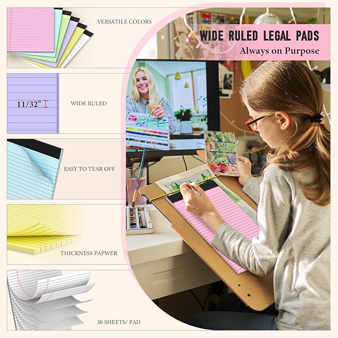8.5 x 11 Legal Pads, 6 Pack Colored Legal Pads, Wide Ruled, Note Pads 8.5 x 11, Writing Pad, Multicolor Perforated Note Pads with Sturdy White Back, 30 Sheets Per Notepad for School, Home, Office