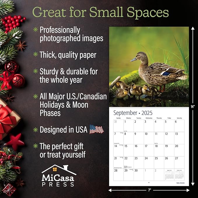 MICASA Baby Animals Mini 2025 Wall Calendar 12 Month | 7" x 14" Open | Thick & Sturdy Paper | Giftable | Calendar 2025