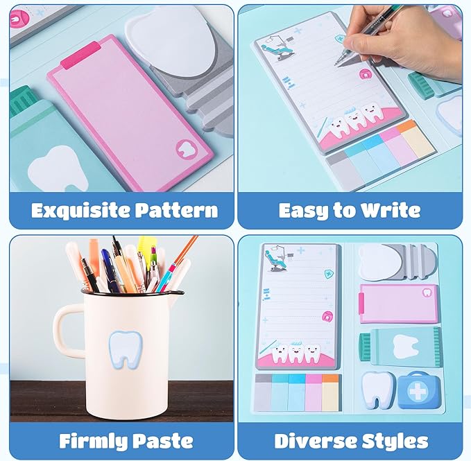 B1ykin Sticky Notes Set - Cartoon Theme Cute Self-Stick Notes Pad Teacher Appreciation Gifts， Self-Adhesive Writing Memo Pages Sticky to Do Notepad for Kids Employee School Office (Dentist)