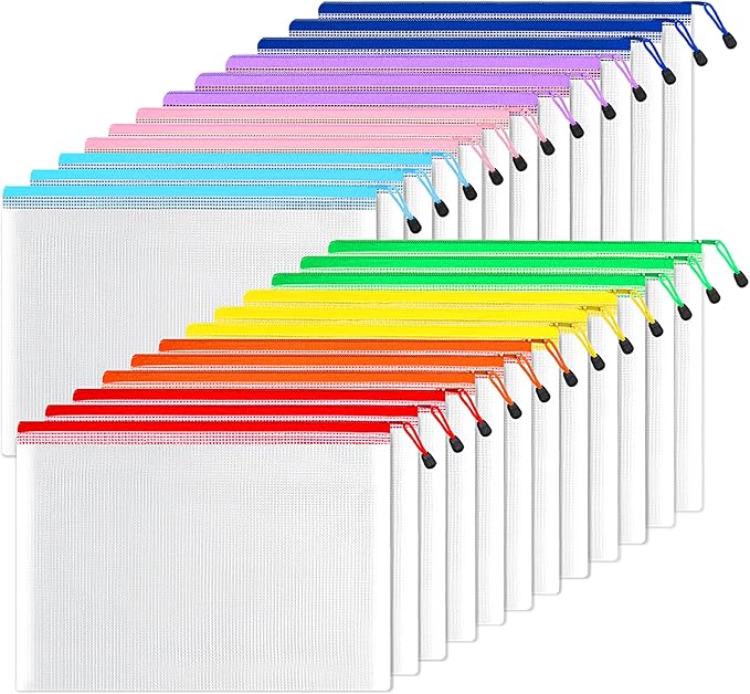 SUNEE Plastic Mesh Zipper Pouch 11x16 in (8 Colors, 24 Packs),Extra Large Water-Resistant Zip Bag for School Office Supplies, Puzzles & Games Organizing Storage