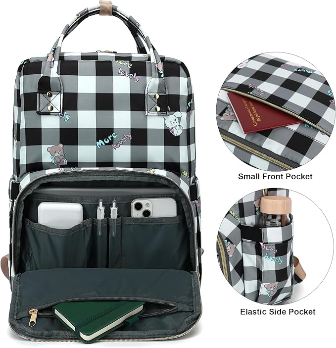 Checkered Laptop Backpack College Bookbag School Backpack for Women Girls, Travel Backpack 15.6 Inch Computer Backpacks (Bear Rabbit Black)