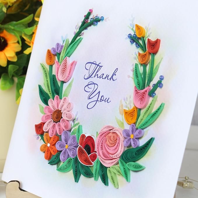 KingKraft Thank You Card, 3D Colorful Greeting Card, Gratitude Artful Floral Quilling Card for Mom, Sister, Friend, Teacher with Envelope Blank Inside