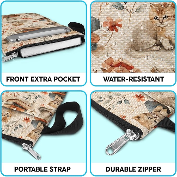 Cat Pattern Book Sleeve Bag Gift for Lovers & Librarians. Padded Book Cover Bag with Zipper & Front Pocket for Paperbacks. Washable Fabric, 11 x 8.5 Inch