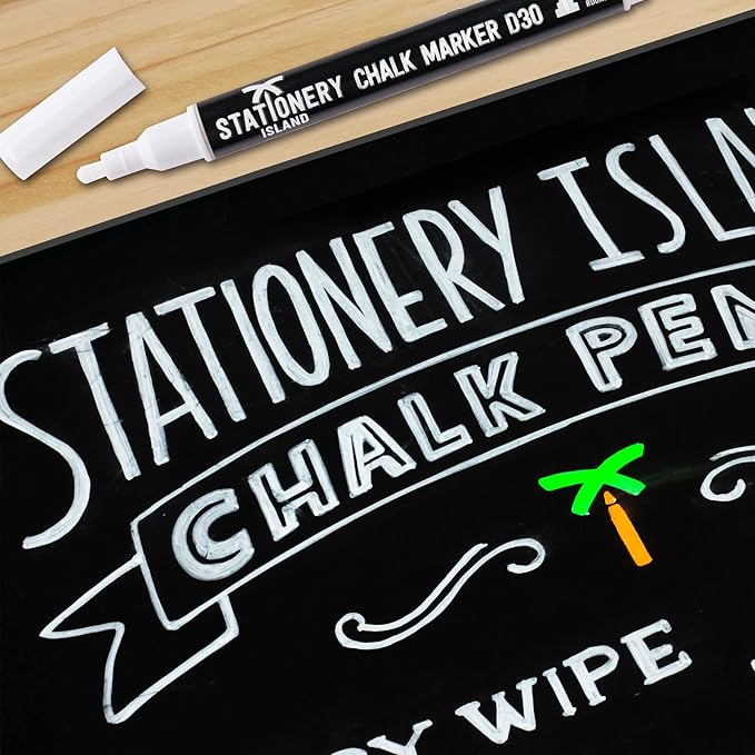 Stationery Island Liquid Chalk Pens White Markers for Blackboards Dry Erase Chalk Marker Pens Wipeable for Chalkboard, Window, Glass, Signs and Mirrors - 3mm Fine Bullet Nibs (White Pack of 4)