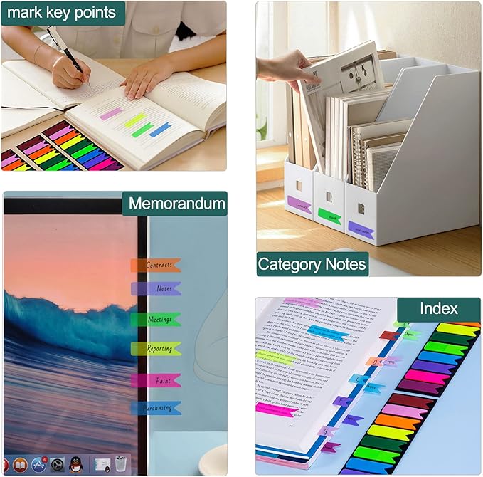 Golcellia 1200 Pieces Sticky Tabs Index Tabs, Book Tabs Flags Sticky Note Colored Writable and Repositionable Book Markers, (10 Colors, 6 Sets) Book Annotation Tabs Supplies