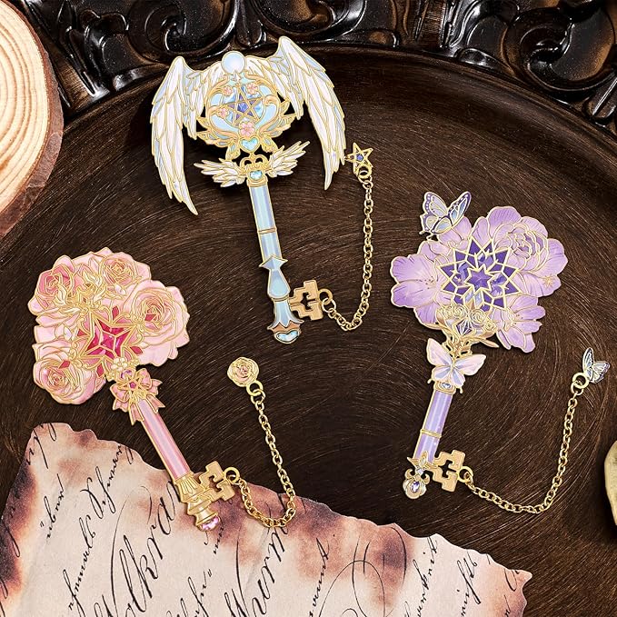 4pcs Metal Bookmarks Set for Reading Women and Men, Enchanted Floral Wing Key Magic Reading Accessories, Fantasy Book Marks Gifts for Book Lovers Readers Kids Page Holders with Flower Feather Designs