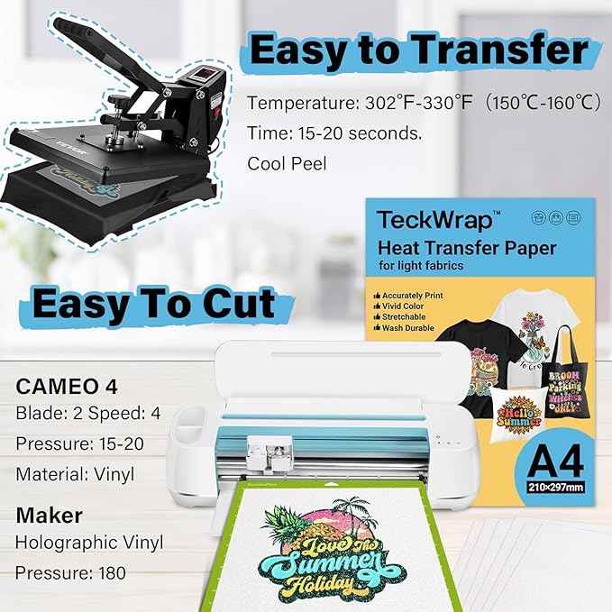 TECKWRAP Printable Heat Transfer Paper for T-Shirts 15 Sheets, 8.3" X 11.7" Printable Heat Transfer Vinyl for Inkjet Printer, Iron on Transfer Paper for Light Fabric (Glitter Green)