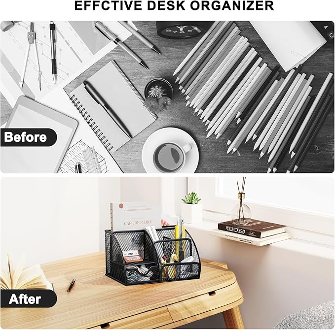 Mesh Desk Organizer, Desktop Organizer with Drawer, Office Supplies Multi-Functional Caddy, Metal Stationary Black Desk Caddy, with 6 Compartments and 1 Drawer for Home, School, Workshop, kitchen