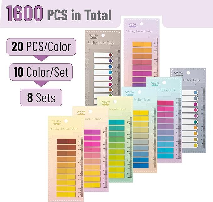 Mr. Pen- Sticky Tabs, 1600 Pcs, Colorful Book Tabs, Transparent Sticky Tabs for Books, Sticky Note Tabs, Page Markers Tabs, Book Markers, Page Tabs, Book Tabs for Annotating Books, Book Sticky Tabs