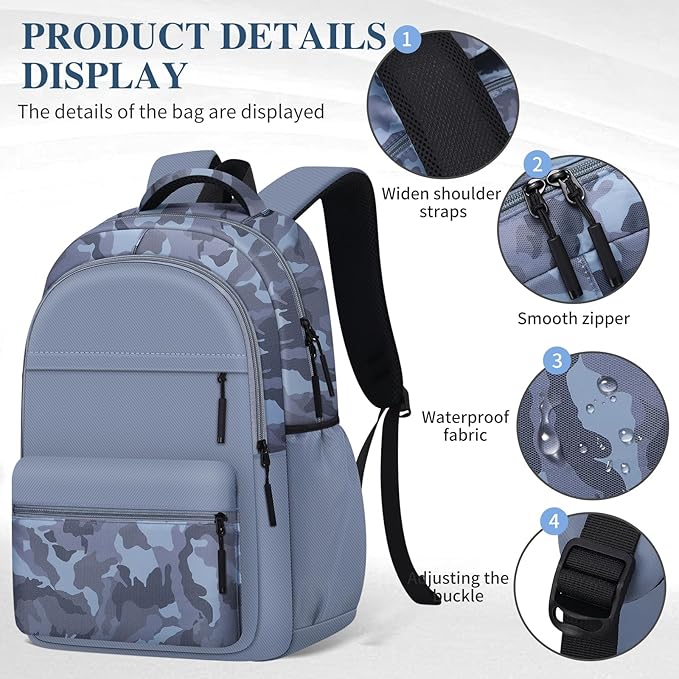 Cute Backpack for School Kids Camouflage Laptop Travel Backpack for Women Men Casual College Teen Bookbag(blue)