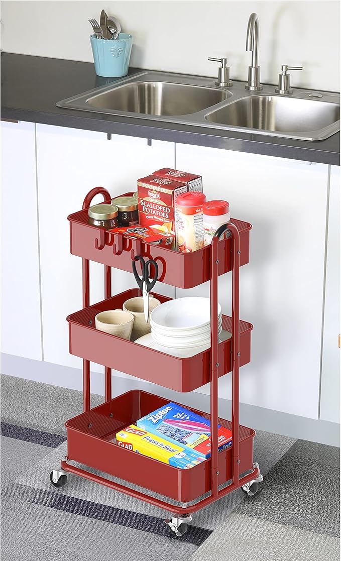 Simple Houseware Heavy Duty 3-Tier Metal Utility Rolling Cart, Red