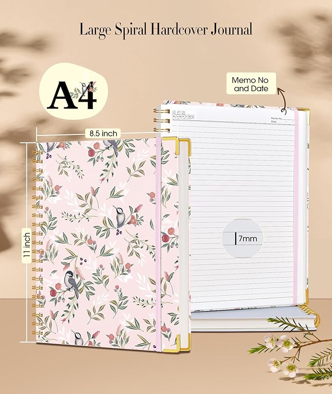 Cute Spiral Notebook Journal for Women, 200 Pages Lined Notebooks 8.5” x 11”, A4 Large Hardcover Spiral Journals with 100 GSM Thick Paper, College Ruled Notebook for Writing Work School, Woodland Floral