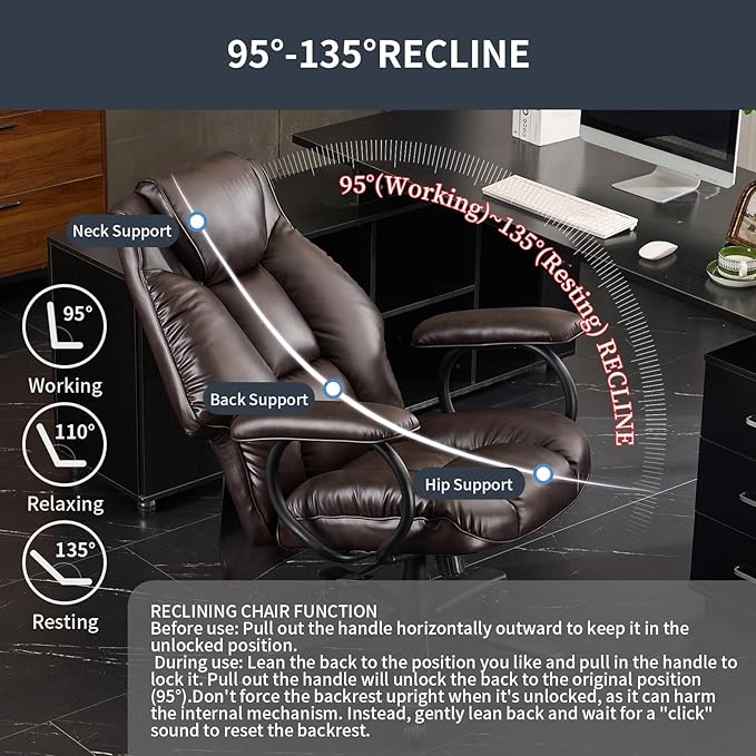 Office Chair Big and Tall, High Back Home Office Chair 400 lbs, Executive Chair, Desk Chair, Ergonomic Office Chair with Padded Armrest, Swivel Computer Chair PU Leather (Dark Brown)