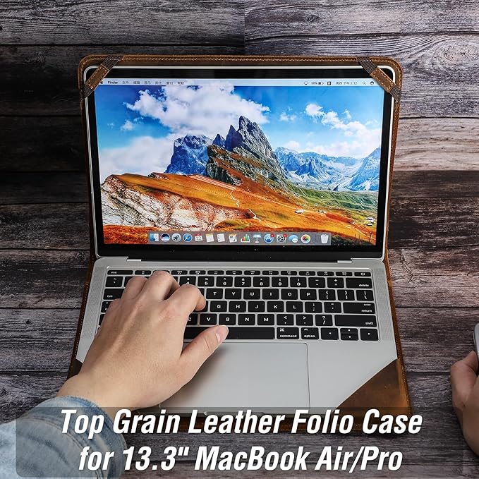 Top Grain Leather 13.3" Slim Laptop Folio Case Protector, Vintage Open Style, Fully Handmade, Compatible with MacBook Pro 13.3" MacBook Air 2022 DELL XPS 13" & Other PC, Coffee 13.3 Inch