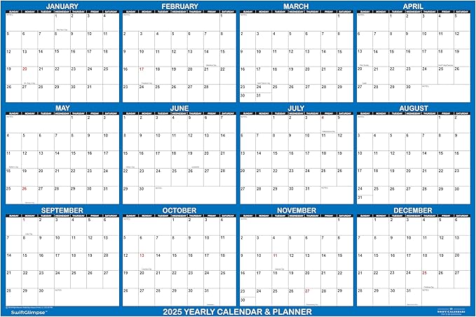 24" x 36" SwiftGlimpse 2025 Wall Calendar Erasable Large Wet & Dry Erase Laminated 12 Month Annual Yearly Wall Planner, Reversible, Horizontal/Vertical, Navy