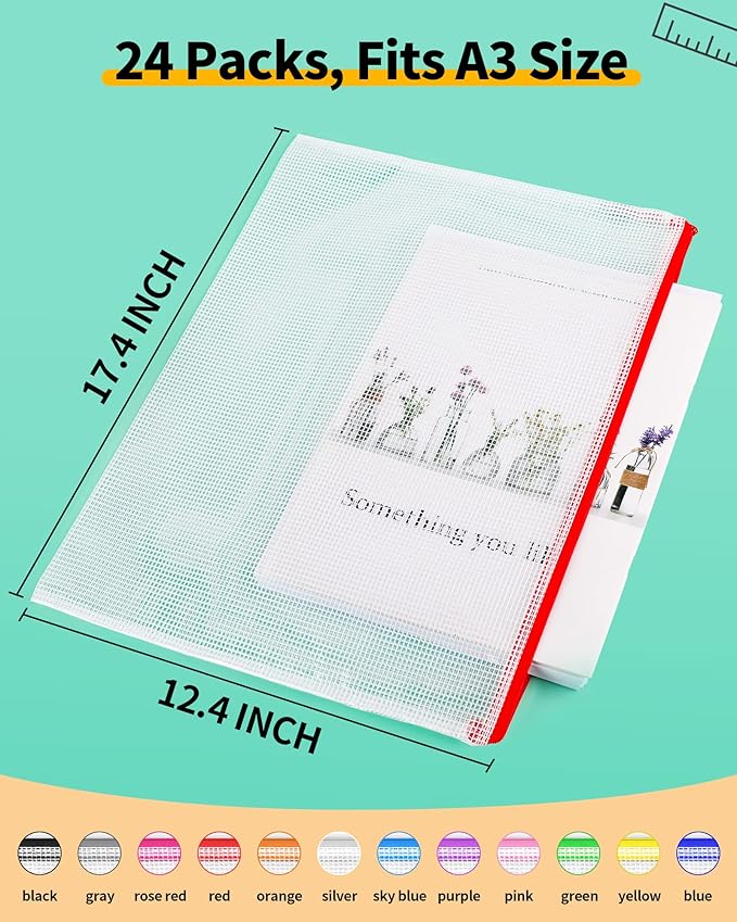 Smarpau Large A3 Mesh Zipper Pouch, 24 Pack 12 Colors 17.4" x 12.4" Zipper Pouches for Organizing, Multipurpose Waterproof Zipper Bags for Office Supplies