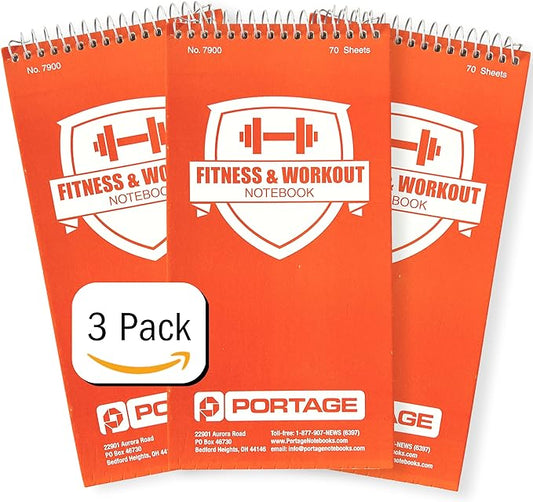 Portage Fitness & Workout Notebook - Fitness Journal, Workout Log, Exercise & Weight Training Notebook Planner, Fitness Tracker Log for Bodybuilding – 4 x 8 Inches, 140 Pages, 70 Sheets (Pack of 3)