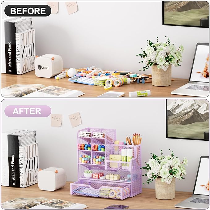 Marbrasse Mesh Pen Holder for Desk, Desk Organizer with Drawer, Multi-Functional Pencil Organizer, Desk Organizers and Accessories for Office Art Supplies (Purple)