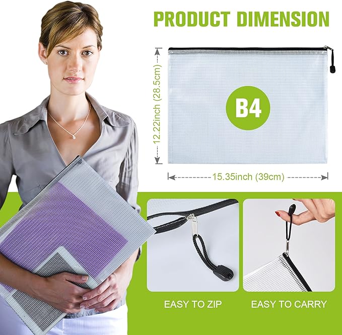 Mesh Zipper Pouch, 6PCS Waterproof Plastic Mesh ZipperBag, B4 Size Tear-Resistant Document Pouch, Extra Large Zip File Bags, for School Office Supplies Home Travel Storage(15.35×11.22 Inch)