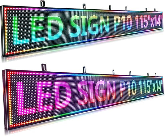 P10 Outdoor Programmable Scrolling Led Digital Sign , Electronic Sign Display Marquee Screen Custom Word Advertising Message Board for Business Store Restaurants Window, Wifi Control Full Color115"X14"