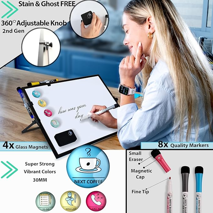 Dry Erase White Board Black Frame for Desk & Wall,12"X16" Large Magnetic Desktop Whiteboard with Stand, 8 Markers, 4 Magnets,1 Eraser, Double-Sided Portable Easel for Office, Students Memo to Do List