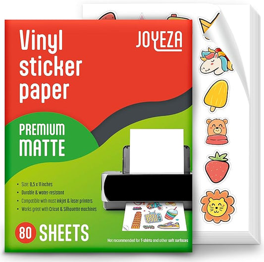 JOYEZA Premium Printable Vinyl Sticker Paper for Inkjet Printer - 80 Sheets Matte White Waterproof, Dries Quickly Vivid Colors, Holds Ink Well- Tear Resistant - Inkjet & Laser Printer
