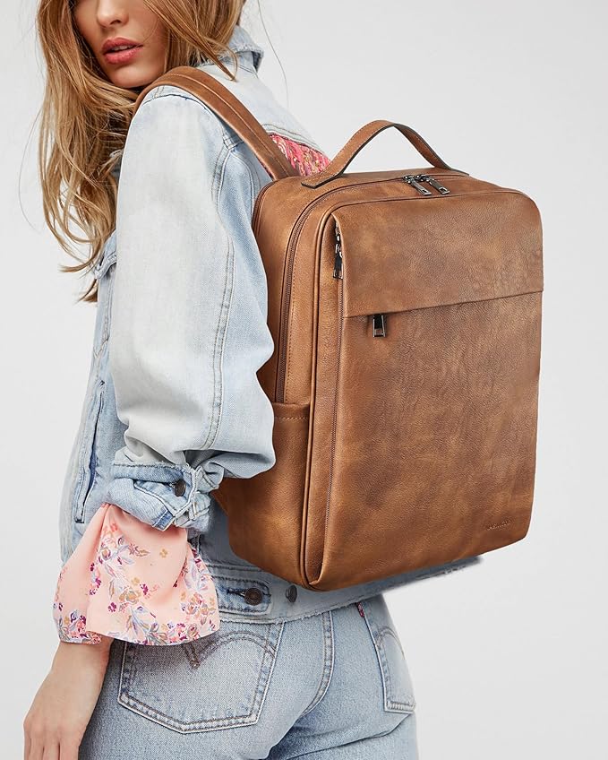 MASINTOR 15.6 inch PU Leather Laptop Backpack Purse for Women, Large College Casual Backpack Travel Bag Mocha Brown