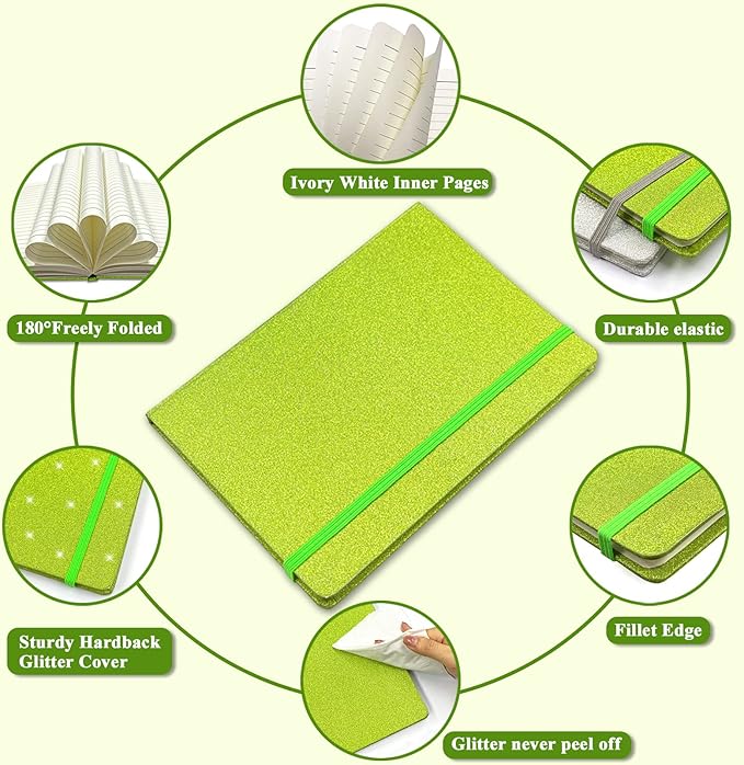 Green Glitter Notebook, 8.3x5.7” 160 Lined Pages Glitter Never Peel Off Sparkle Journal for Girls College Ruled A5 Hardcover Notebooks for Teens Women Writing Note Taking Office Work School Gifts
