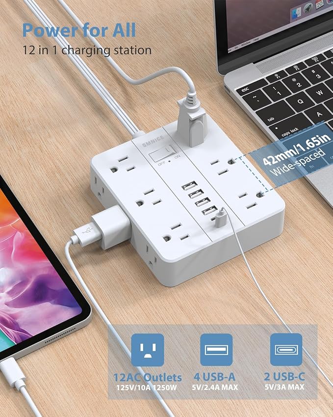 Power Strip Surge Protector 25ft Extension Cord,SMNICE Flat Plug with 12 Outlets 6 USB(2 USB C),Surge Protector Charging Station with Overload Protection for Home, Dorm,Office