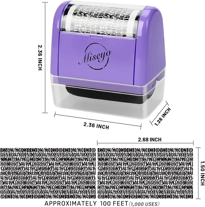 Miseyo Wide Identity Theft Protection Roller Stamp Set - Purple (3 Refill Ink Included)