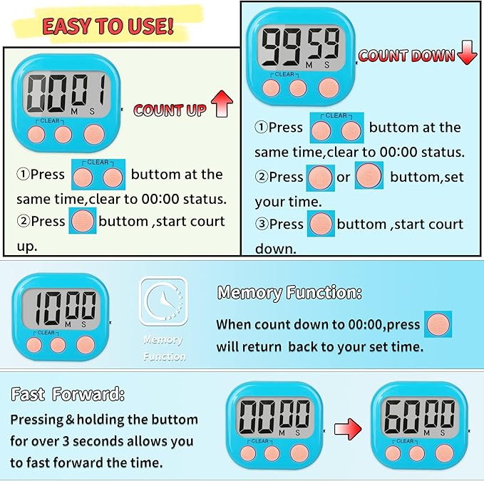 Classroom Timers for Teachers Kids Large Magnetic Digital Timer 24 Pack-Blue Pink