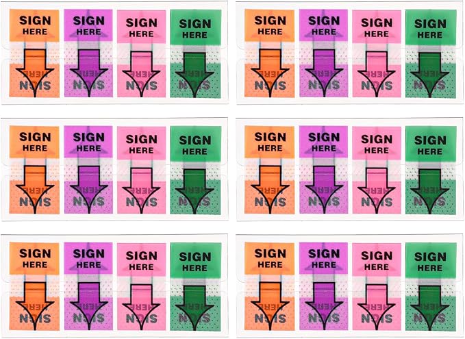 600pcs/6 Packs Sign Here Tabs, Arrow Labels Stickers Sticky Signature Tags Adhesive Message Flags for Documents Notebooks Home Office School Supplies (Orange, Purple)