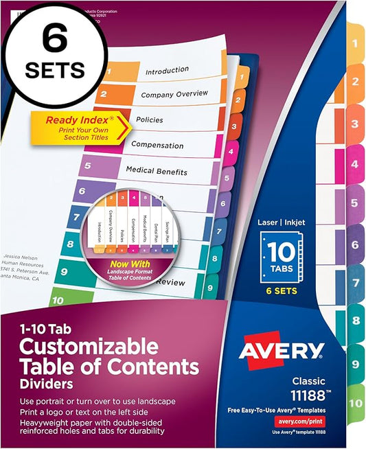 Avery 10 Tab Dividers for 3 Ring Binders, Customizable Table of Contents, Multicolor Tabs, 6 Sets (11188)