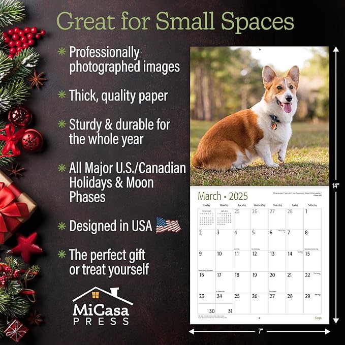 MICASA Corgis Mini 2025 Wall Calendar 12 Month | 7" x 14" Open | Thick & Sturdy Paper | Giftable | Calendar 2025