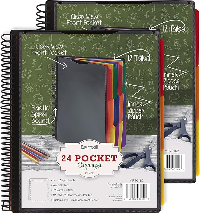Samsill 2 Pack Deluxe 24 Pocket Spiral Project Organizer with Inner Zipper Pouch, Customizable Front Cover, 12 Dividers with Erasable Write-On Tabs in Assorted Colors, Plastic Folders with Pockets