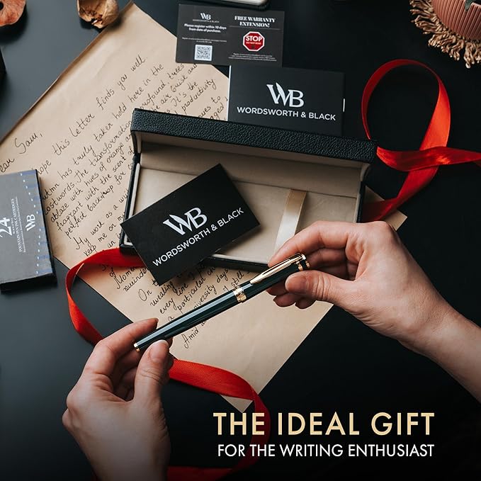 Wordsworth & Black Fountain Pen Set, Bent Nib, Includes 24 Pack Ink Cartridges, Ink Refill Converter & Gift Box, Calligraphy, [Racing Green], Perfect for Men & Women