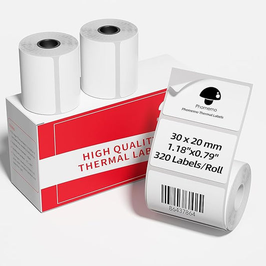 3 Roll Thermal Labels for Phomemo M110/M221/M220/M120/M200/M110S Label pirnters,1.18" x 0.79" (30x20mm)，Tape Self-Adhesive Thermal Paper for Barcode,QR Code,320 Labels/Roll Black on White