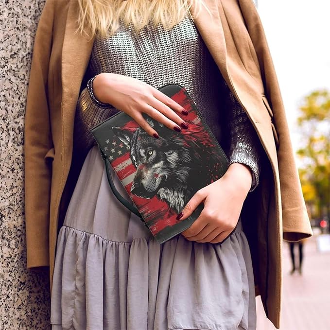 Lotusorchid American Flag Wolf Bible Bags, Faux Leather Bible Covers with Handle Pockets for Women, Portable Sturdy Bible Bag for Men, Christian Bible Study Accessories, Black and Red, L