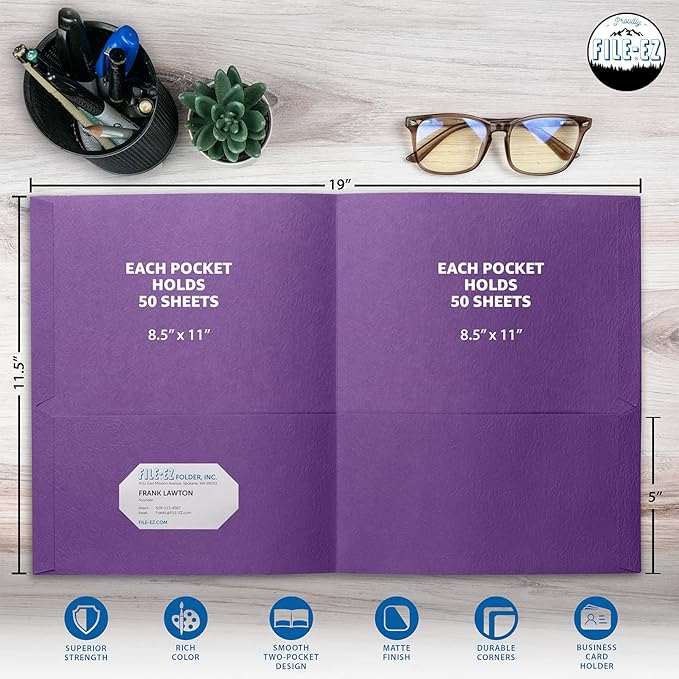 FILE-EZ Two-Pocket Folders, Purple, 125-Pack, Textured Paper, Letter Size (EZ-32445)