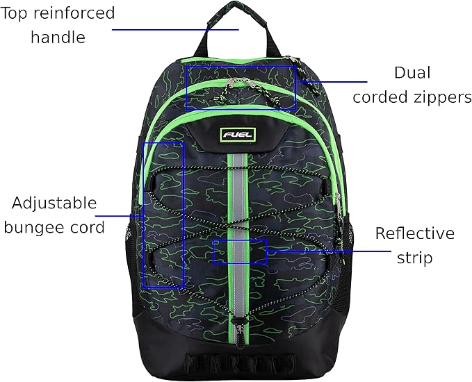 FUEL Hiking Backpack for Women Men Terra Sport, Travel, College, Gym, Work with Laptop Sleeve, Bungee, 18 Inches, Neon Outline Camo