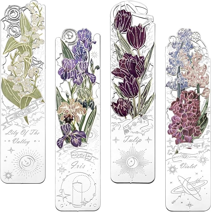 4 PCS Metal Bookmarks, Bookmarks for Reading Women, Pretty Bookmarks for Women, Metal Flower Bookmark, Iris, Tulip, Lily of The Valley, Violet Bookmark(BKM-062-001)