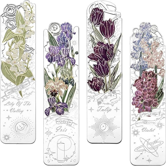 4 PCS Metal Bookmarks, Bookmarks for Reading Women, Pretty Bookmarks for Women, Metal Flower Bookmark, Iris, Tulip, Lily of The Valley, Violet Bookmark(BKM-062-001)